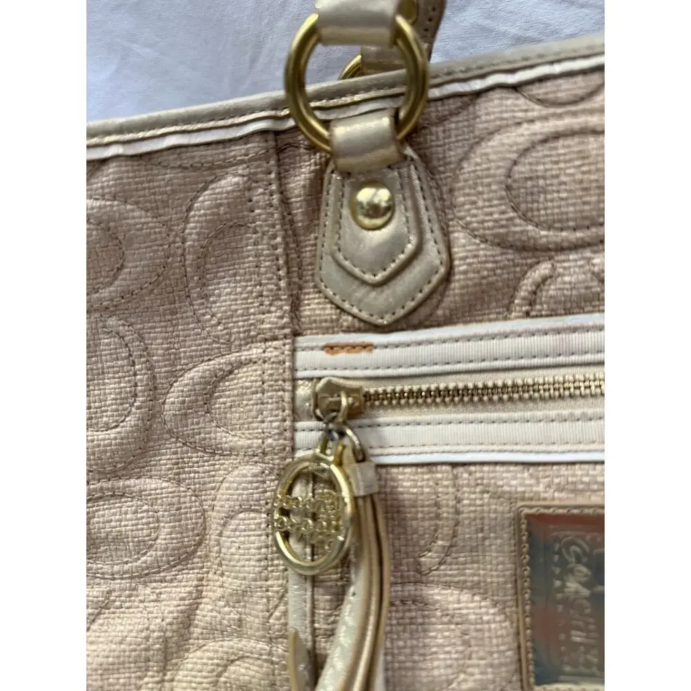Coach Natural Signature Canvas & Metallic Gold Poppy Tote Bag GS
